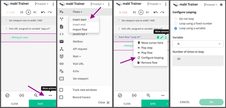 A screenshot showing how to add the looping functionality to the flow and switch to the “Looping” tab.