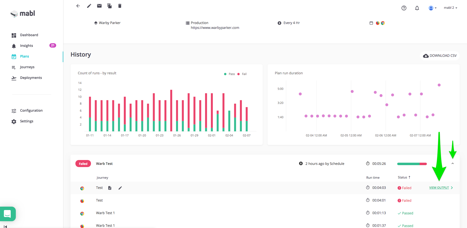 mabl text execution history dashboard