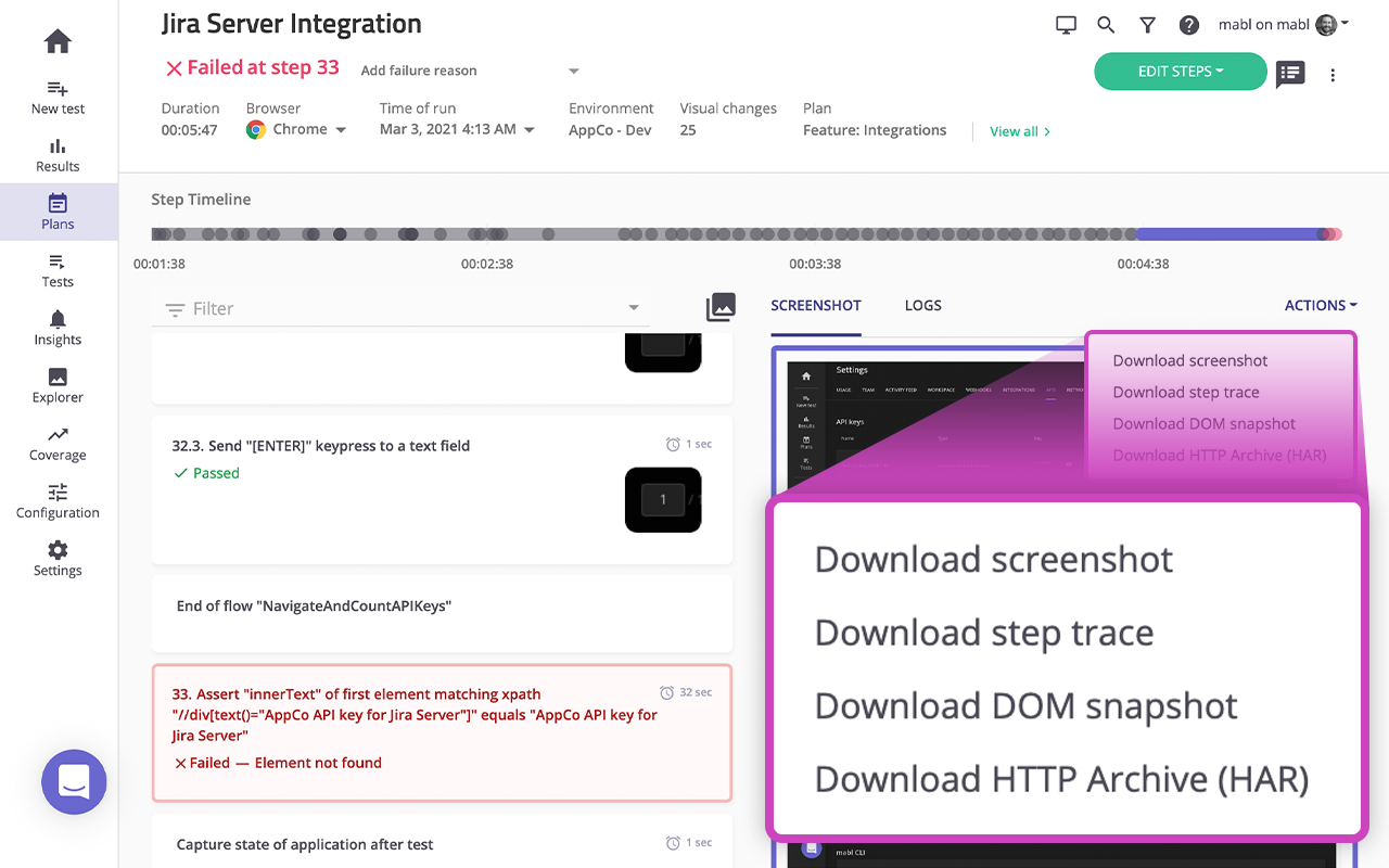 Test results view with zoom on log files