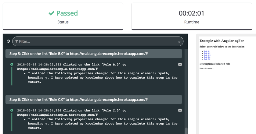 A screenshot showing that mabl is still able to identify the “Role B.0” anchor element by using the inner text properties.